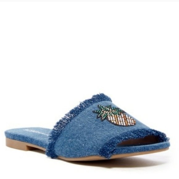 BCBGeneration Gennie Rhinestone Pineapple Frayed Fringe Denim Slip-On Slide Mule - Picture 3 of 11
